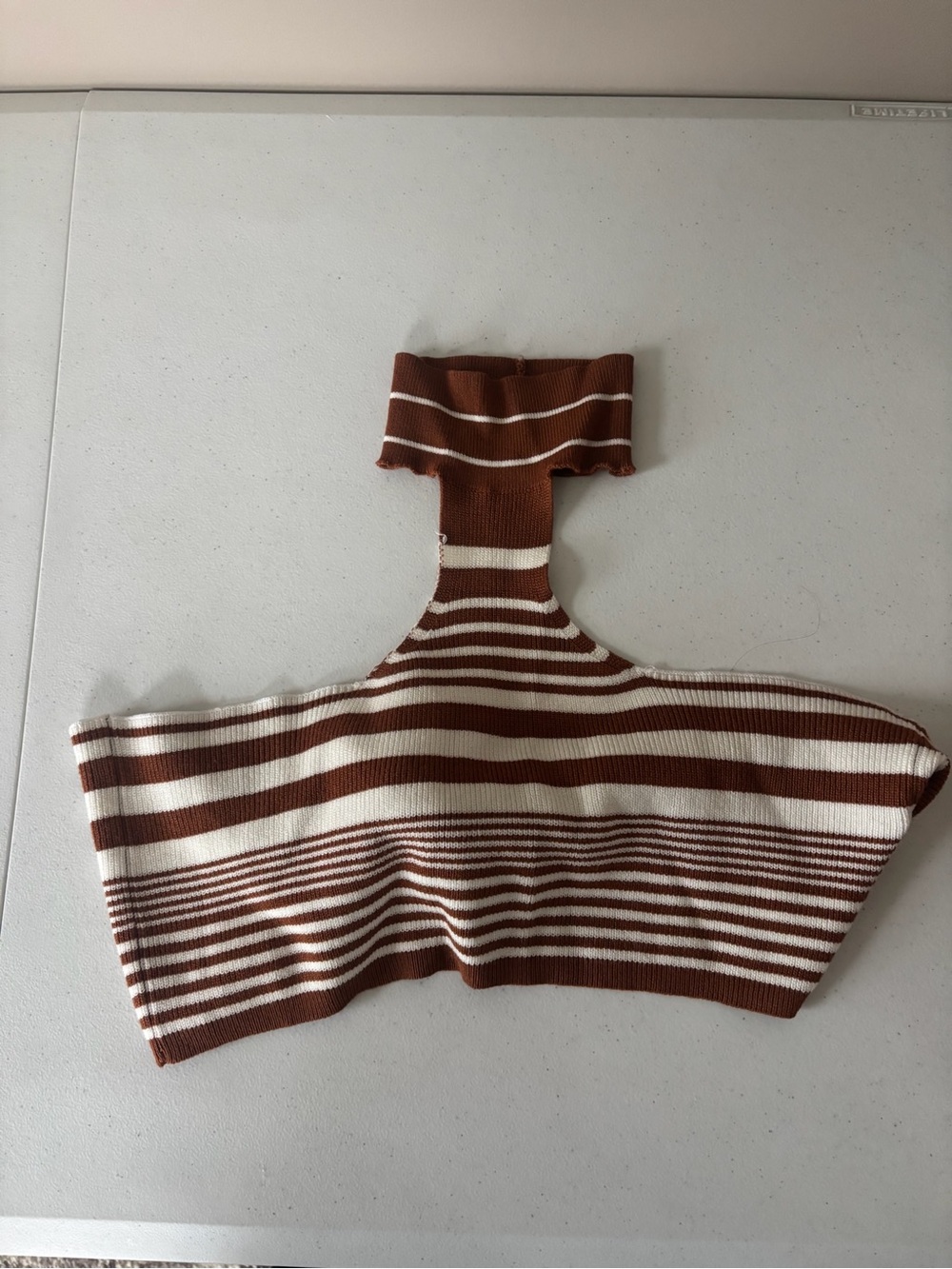 Revolve Striped Knit Halter Neck Crop Top in Brown & Cream